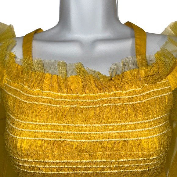 IRIS Bright Lemon Yellow Smocked Cold Shoulder Tulle Puff Sleeve Peplum Top M - Picture 3 of 8